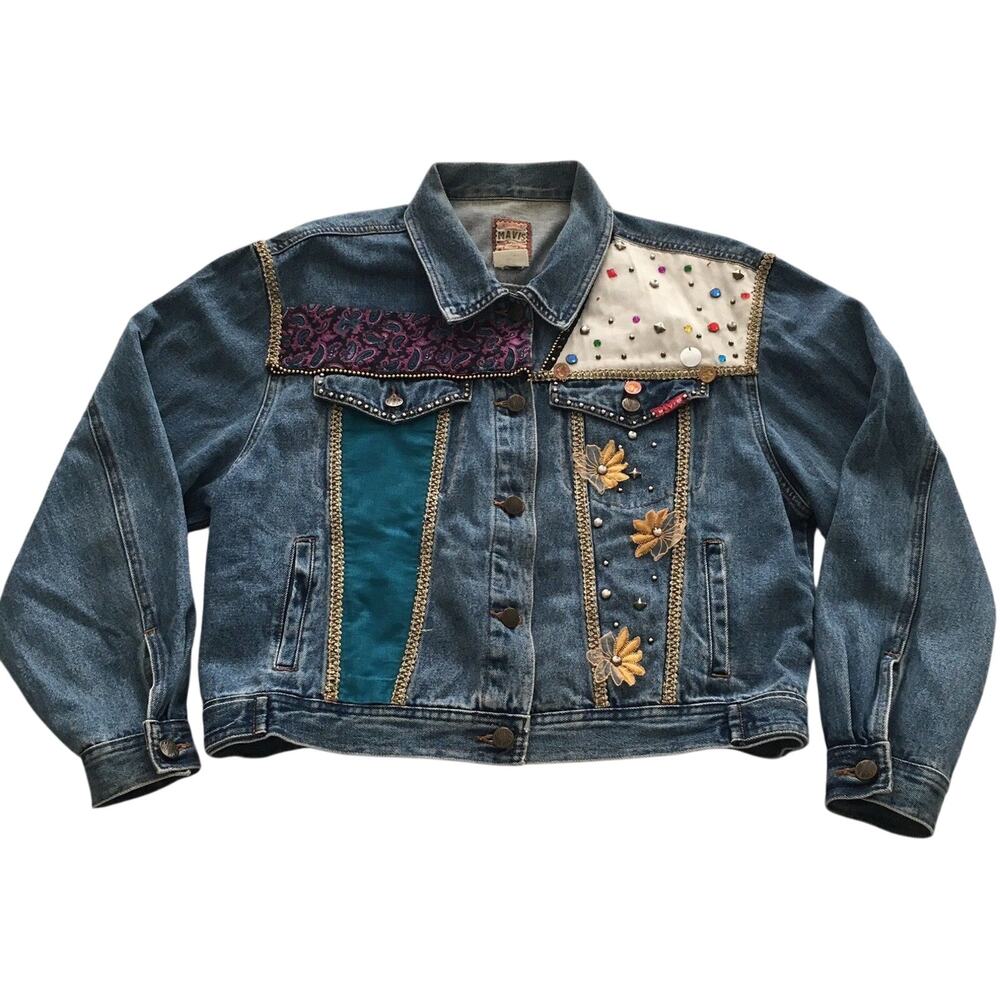 Jean Jacket Embellished Mavis Designer Blue Denim Size Medium Wild